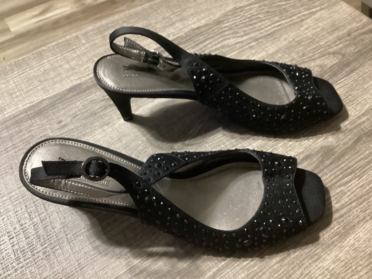Coach And Four Black Rhinestone Open Toe Kitten Heels Size 9 1/2