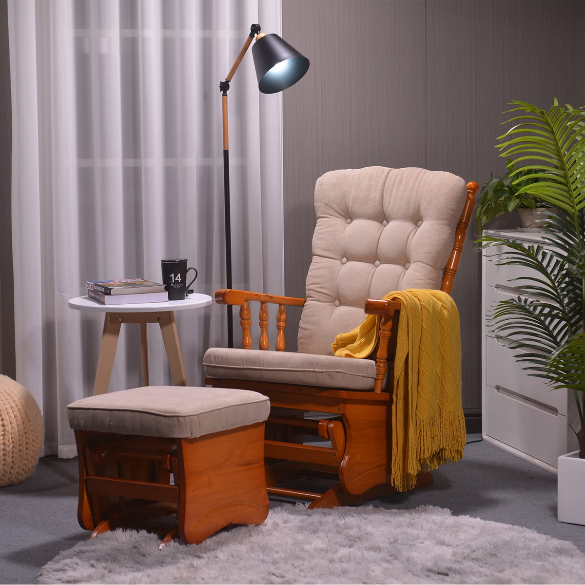 USA Baby Nursery Relax Rocker Wood Rocking Chair Glider Ottoman Set w/  Cushion