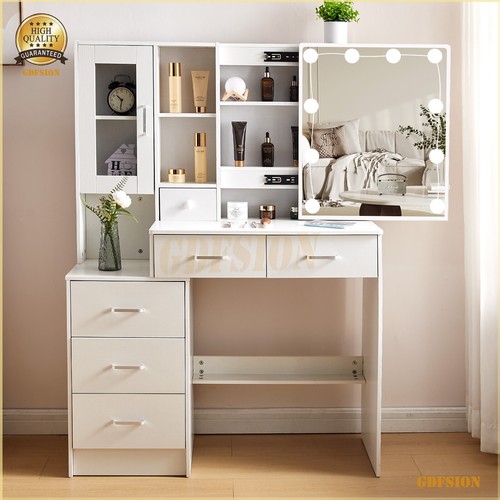 Large Dressing Table With LED Makeup Mirror and Cabinet 8 Shelves Vanity Desk AU - Picture 2 of 15
