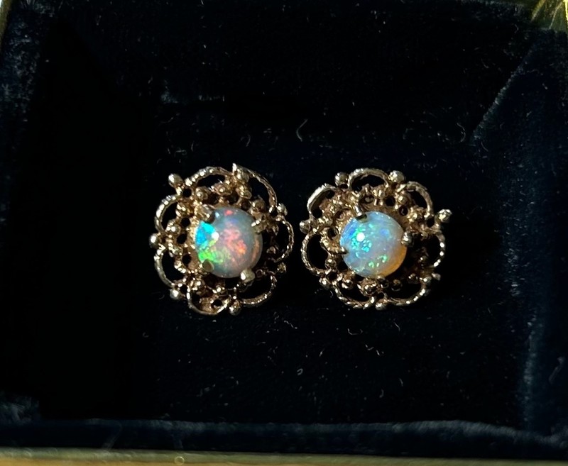 Vintage Mid Century 14k Gold Opal Filigree Earrings October Stone