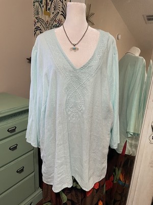 Saint Tropez West Size 2X Sea Foam Blue Linen Blend 3/4 Sleeve Top Blouse Resort