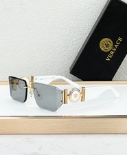 Versace Women's White Gold Medusa Rectangle Rimless Sunglasses Grey Lens