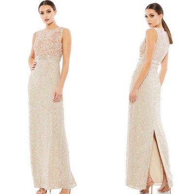 Mac Duggal Women Dress High Neck Sequin Sleeveless Nude Column Gown Size 4