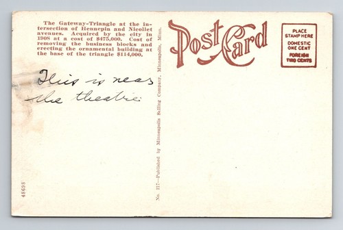 Minneapolis MN-Minnesota, The Gateway Vintage Souvenir Postcard - Picture 2 of 2
