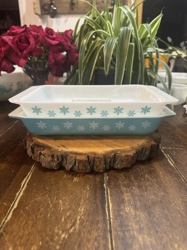 2-PYREX 548-B Blue Snowflake Rectangle Glass Baking Dish Original Vintage