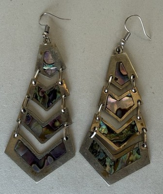 VTG Mexico Silver Stamped Abalone Shell Inlay 3.5  Long Earrings Chevron 4 Tier