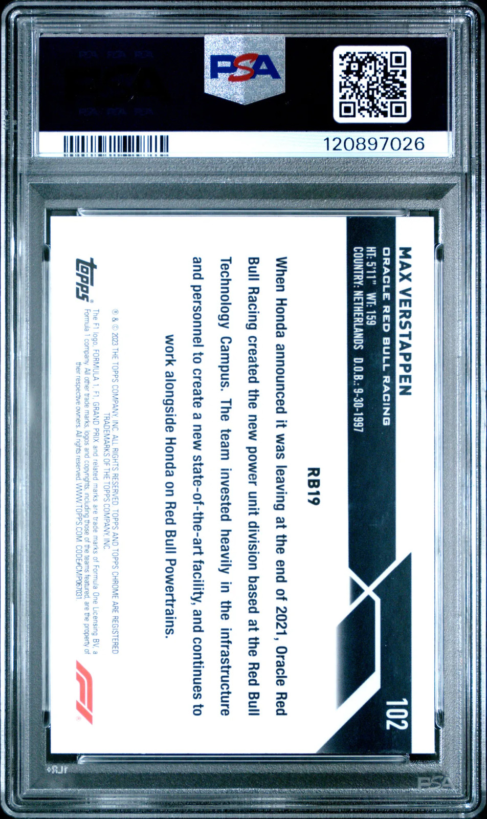 2023 Topps Chrome Formula 1 Max Verstappen #102 Purple Checker Flag Ref PSA 10 view 2