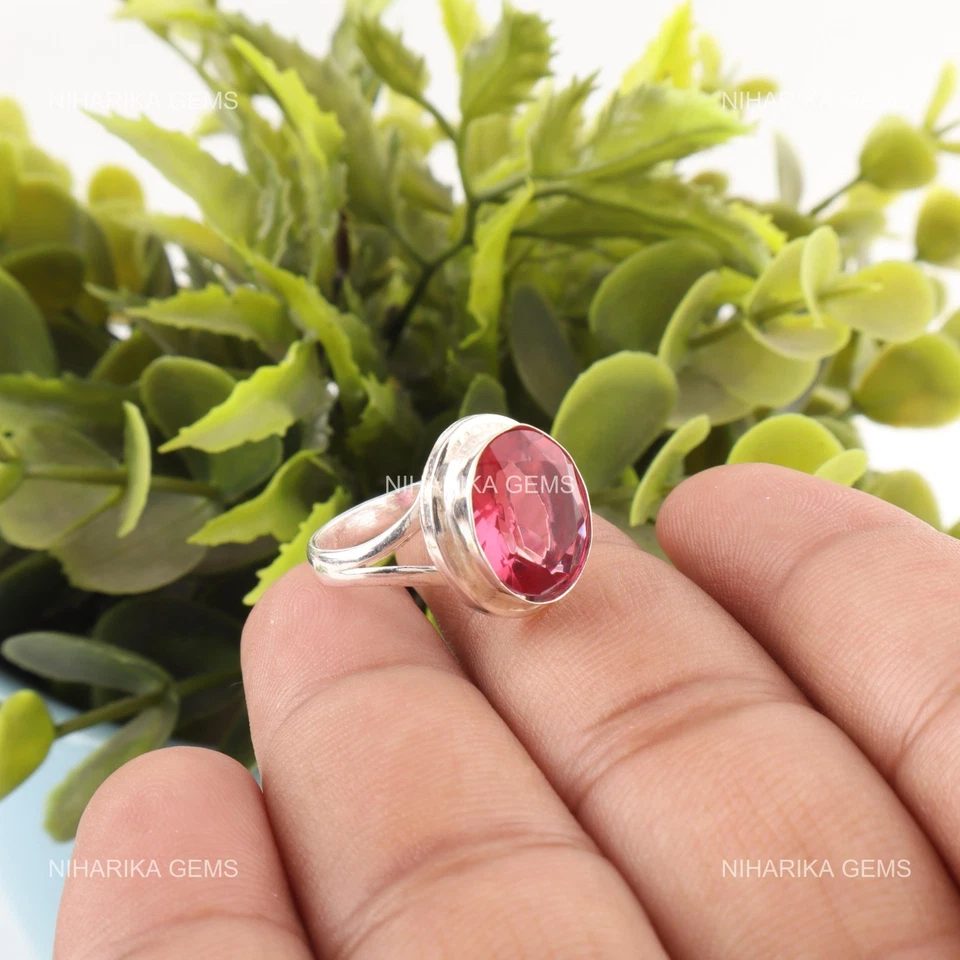 925 Пробы розовый турмалин драгоценный камень солитер Рождественское кольцо ювелирных изделий - Изображение 4 из 4