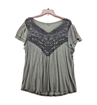 Absolutely Famous Tunic Top Lace Mesh Detail V-Neck Flutter Sleeve Green Boho 2X
