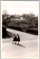 Vtg B&W Snapshot Girls Walking Road Village Scene Chateaudun 1945