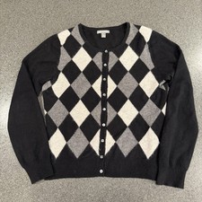 Apt. 9 Women  s Med 100 Cashmere Button Cardigan Sweater Black Gray Argyle
