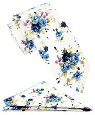 Mens Cotton Skinny Blue Floral White Tie Combo Set with Pocket Square