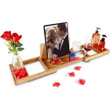 Premium Bamboo Bathtub Caddy Tray with Extending Sides Adjustable Wood Bath Tra
