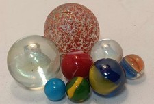 Lot Of 8 Glass Marbles, Small, Shooters, Fire, Princess, Clear, Green, Blue