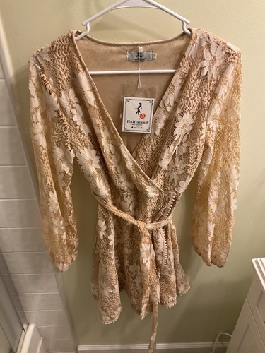 Neu Halfisland kleines Kleid Wickel bestickt Spitze Blumen beige launisch Twee Boho - Bild 3 von 15