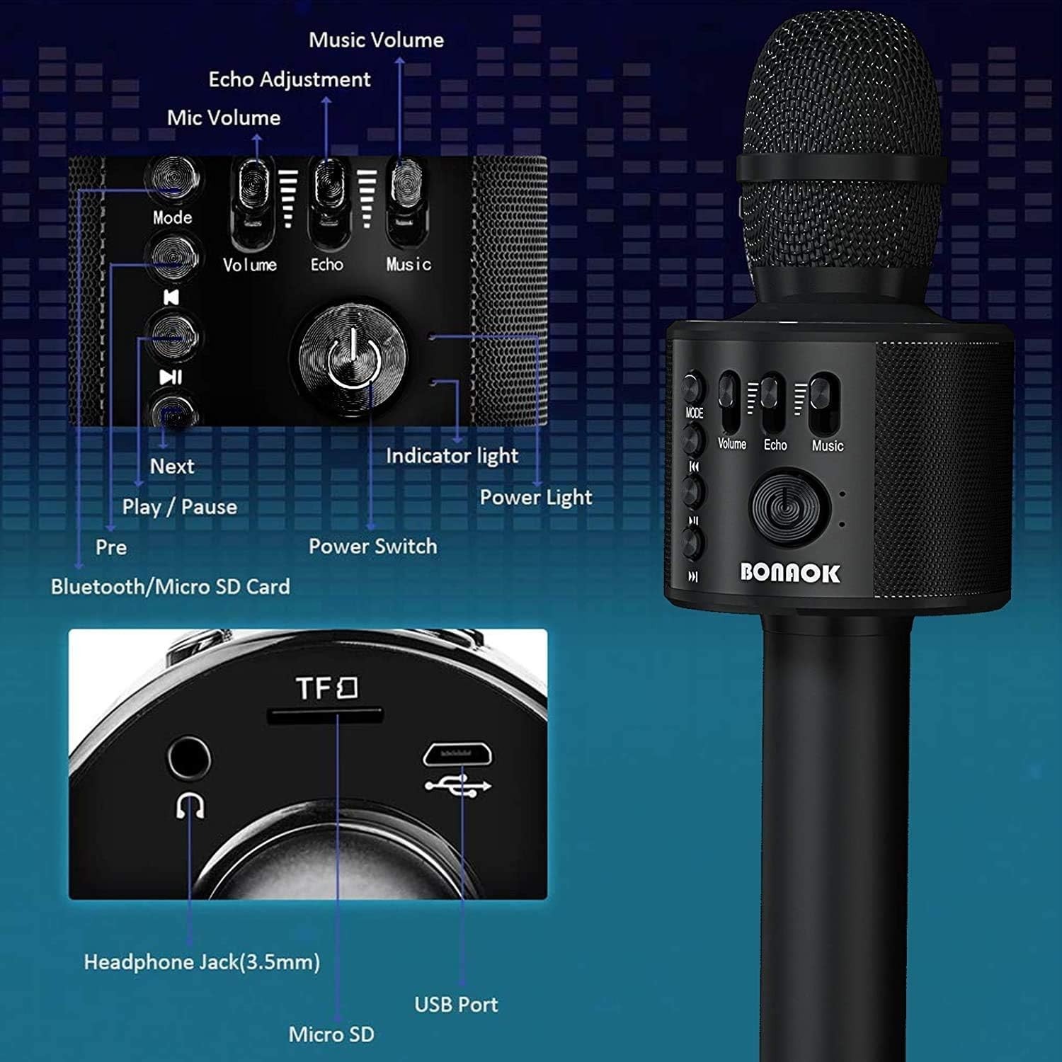 Microphone bluetooth karaoké avec réduction de bruit pour chant à la maison