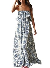 Womens Summer Off The Shoulder Maxi Dress Ruffle Strapless Blue White Porcela...