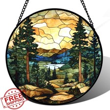 GEFOS Stained Glass Forest Lake Sunset 6.3" Suncatcher Window Decor