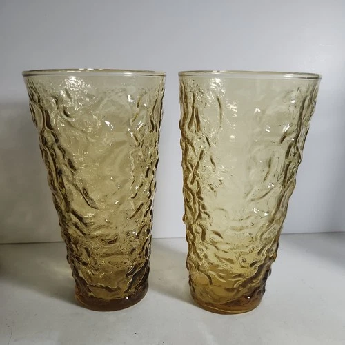 Vintage Pair of Anchor Hocking Glass Honey Gold Lido Milano 16 oz. Tumblers
