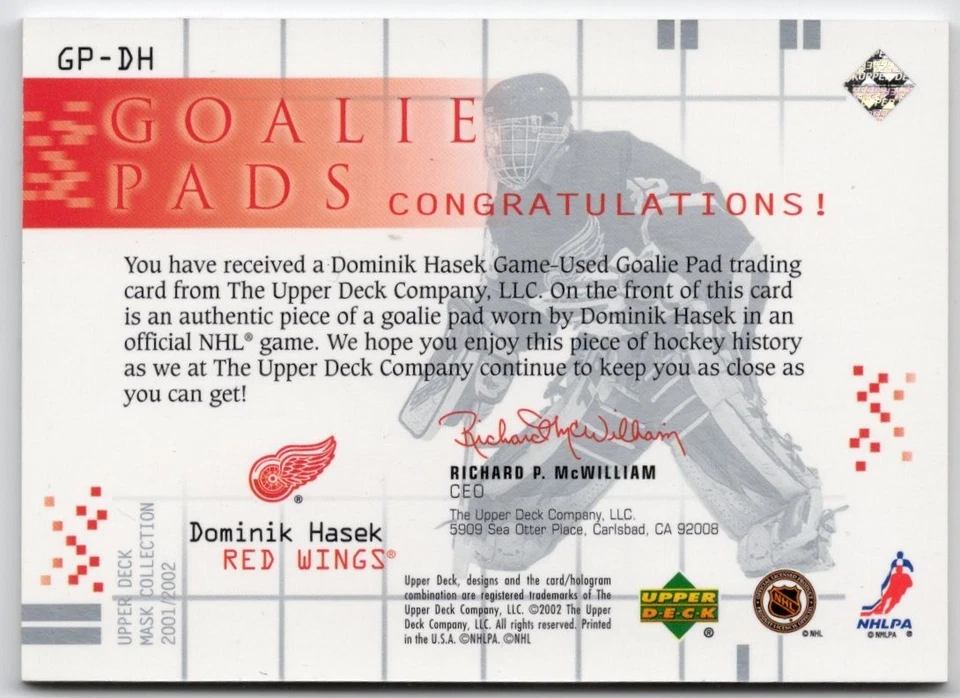 2001-02 Upper Deck Mask Collection Goalie Pads Dominik Hasek Red Wings GU Pad - Image 2 of 2