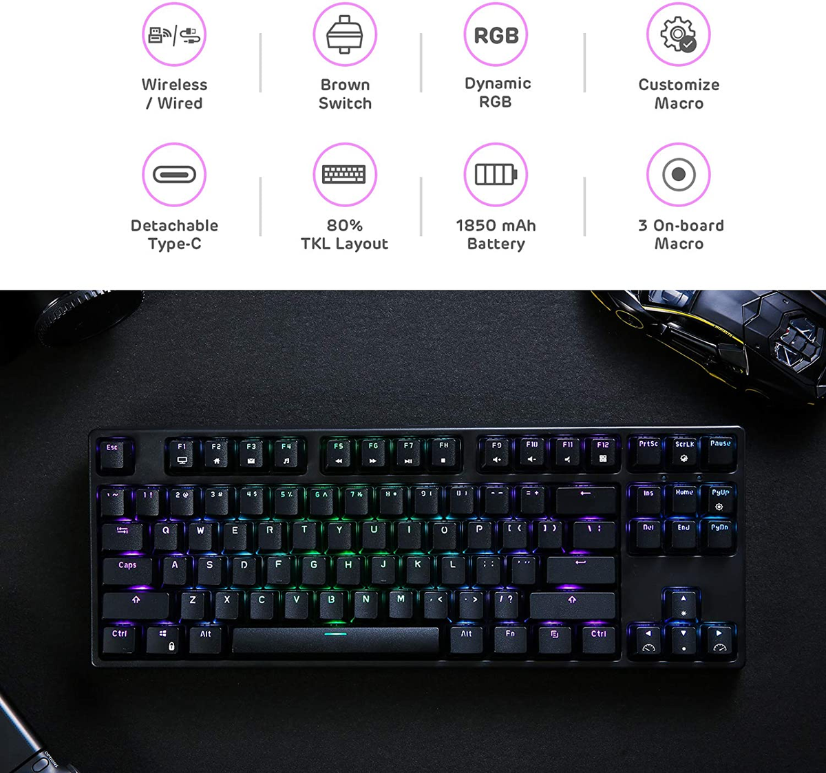 RK87 Sink87G RGB Wireless TKL Mechanical Gaming Keyboard, 87 Keys