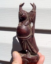 ANTIQUE CHINESE HAND CARVED WOODEN HAPPY LAUGHING BUDDHA SCULPTURE FIGURINE