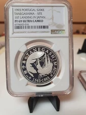1993 Portugal Japan 200 Escudo Silver TANEGASHIMA boat ship 1st Landing NGC PR69
