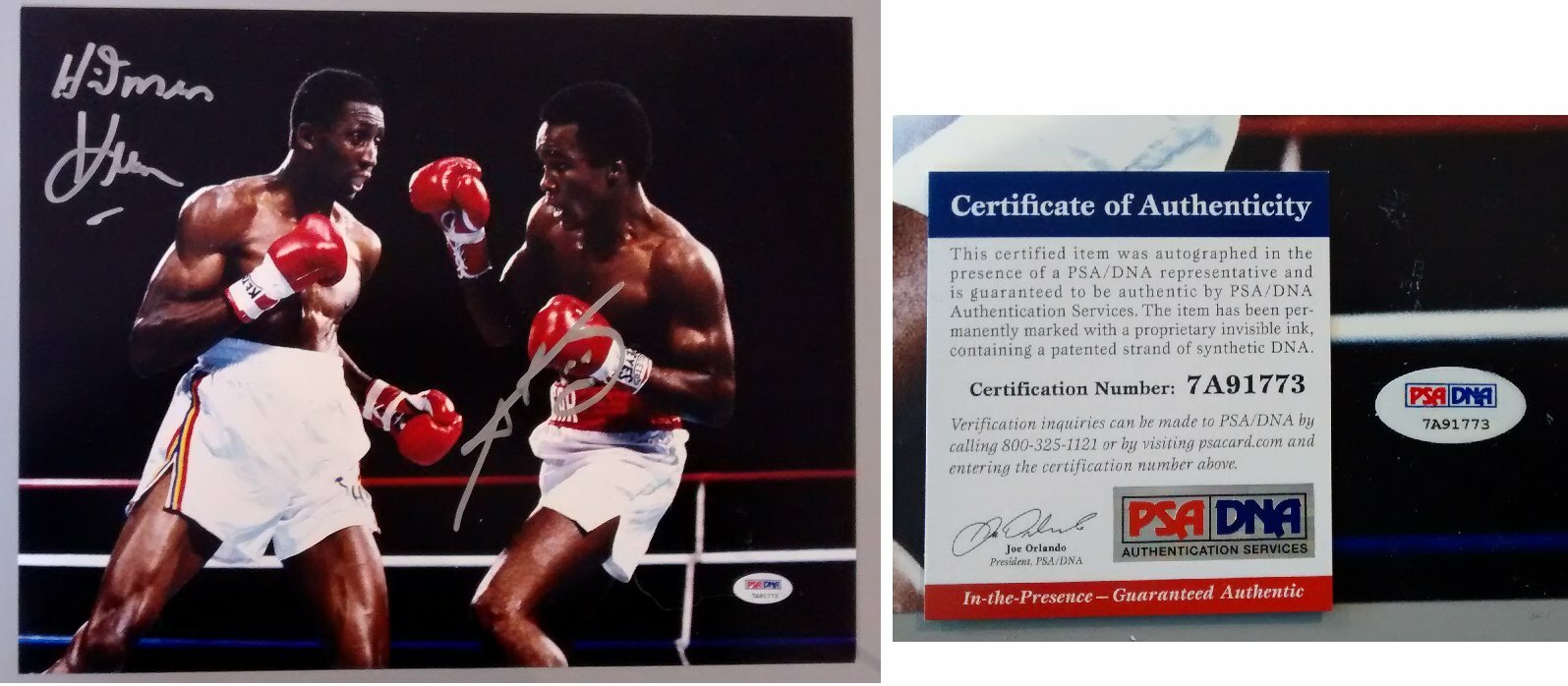 boxing SUGAR RAY LEONARD & THOMAS HITMAN HEARNS with PSA DNA COA AUTOGRAPH LC9