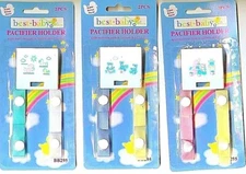 2 PACIFIER HOLDER Baby Teether Rattle KEEPER = 2 CLIPS 2 Pink & 2 Yellow Ribbons