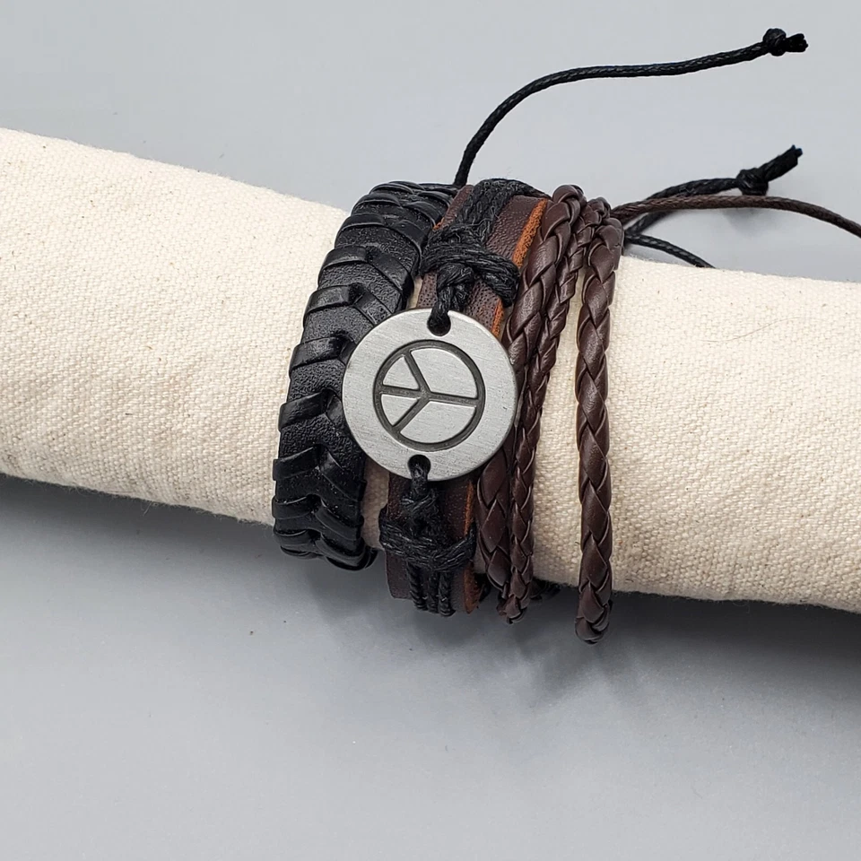 JUEGO DE 3 PULSERAS HIPPIE UNISEX HECHAS A MANO CUERO TRENZADO ETIQUETA DE LA PAZ AJUSTABLE Foto 4 de 4