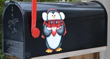 Mailbox Magnet (Partial Cover) Penguin Holding Heart Buffalo Plaid Winter Decor