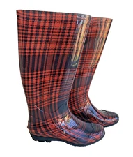 Women's Rain Rubber Boots Size 9 Red Buffalo Plaid Black 143 Girl