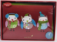 Papyrus Christmas Cards Felt Owls with Scarves Design Handmade Boxed