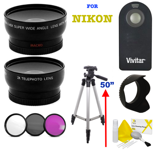 WIDE ANGLE LENS TELEPHOTO LENS TRIPOD +HOOD FOR NIKON D3000 D5000 D5200  D90
