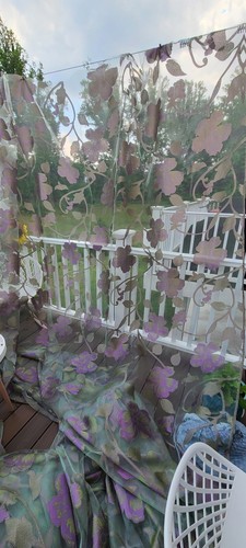 BOLT of 10 yards x 110" wide sage green sheer/purple flowers fabric for curtains - Picture 8 of 15