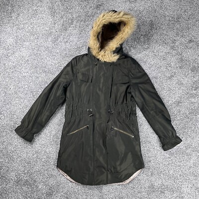 Ted Baker Womens Parka Coat Size Olive Green Longline Faux Fur Trim  UK