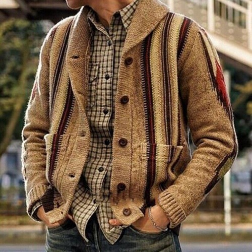 Herren Einreiher Gestreift Warm Pullover Cardigan Pulli Strick Mantel Jacke Tops - Bild 3 von 5
