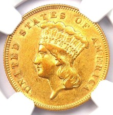 1878 Three Dollar Indian Gold Coin $3 - Certified NGC AU Details - Rare Coin!