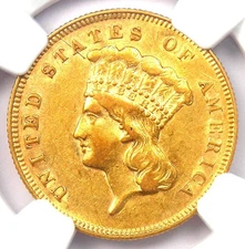 1878 Three Dollar Indian Gold Coin $3 - Certified NGC AU Details - Rare Coin!