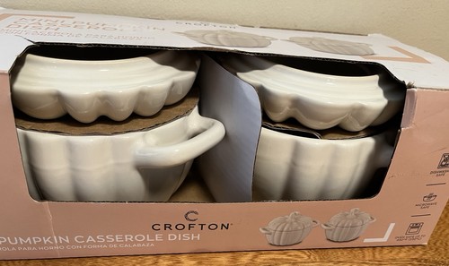 Crofton, Ceramic Mini Pumpkin Casserole Dish Set of 2, 0.4 Qt, White NIOB - Picture 7 of 11
