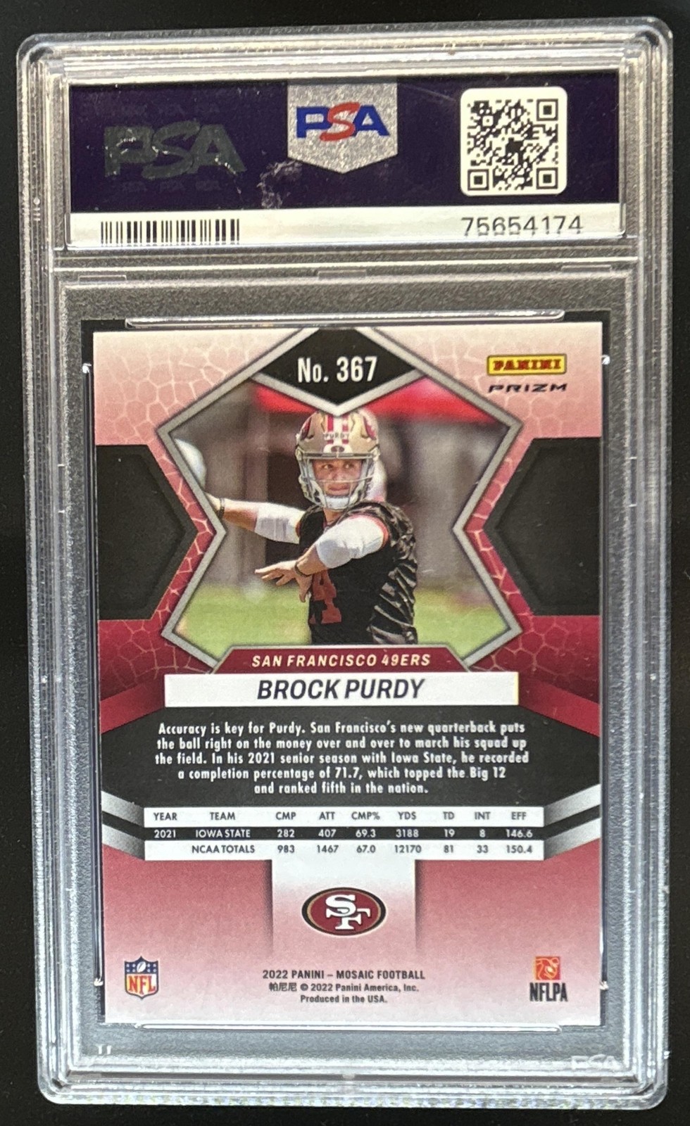 2022 Panini Mosaic Brock Purdy RC Mosaic Reactive Orange #367 49ers PSA 10 view 2
