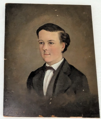 ANTIQUE PRIMITIVE NAIVE FOLK ART YOUNG MAN BOY OIL PAINTING CANVAS ON BOARD