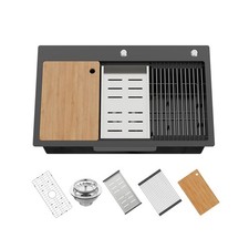 Black Kitchen Sink Workstation,30"x18" Stainless Steel Drop In Single Bowl Si...