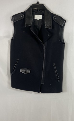 Sandro Women's Black Lamb Leather Trim Moto Wool Blend Zip Vest Sz 36