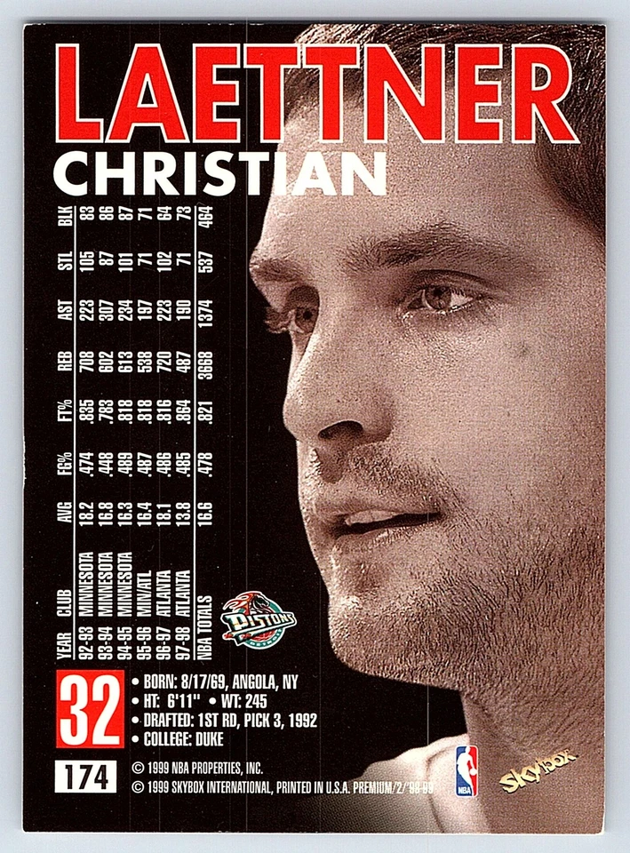 1998-99 SkyBox Premium #174 Christian Laettner Detroit Pistons - Image 2 of 2