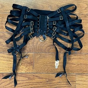 Bordelle Webbed Bondage Strappy Suspender Harness Black S/M NWOT 24k Gold