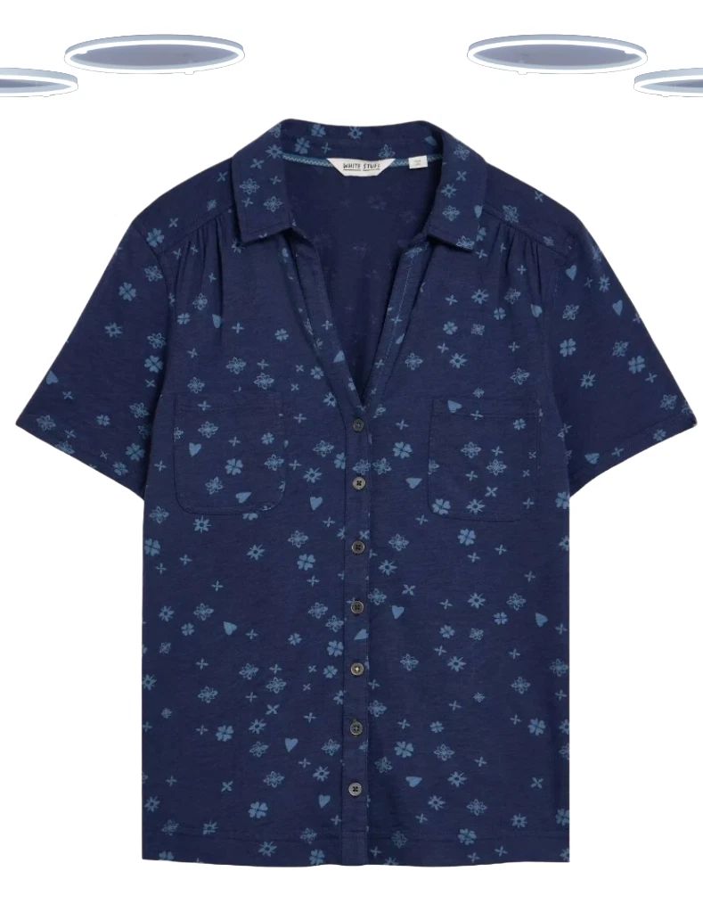 Ex White Stuff Women's Shirt - Short Sleeve Pocket Printed Jersey Navy