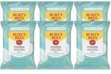 6 PACK Burt's Bees 3 in 1 Facial Cleansing Towelettes & Makeup Remover Wipes