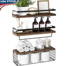 Bathroom Floating Shelves Towel Rack Iron Storage Basket Wall Mounted Organizer