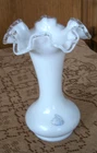 Fenton Silver Crest White Milk Glass Clear Ruffled Rim 8” Vintage Vase with TAG